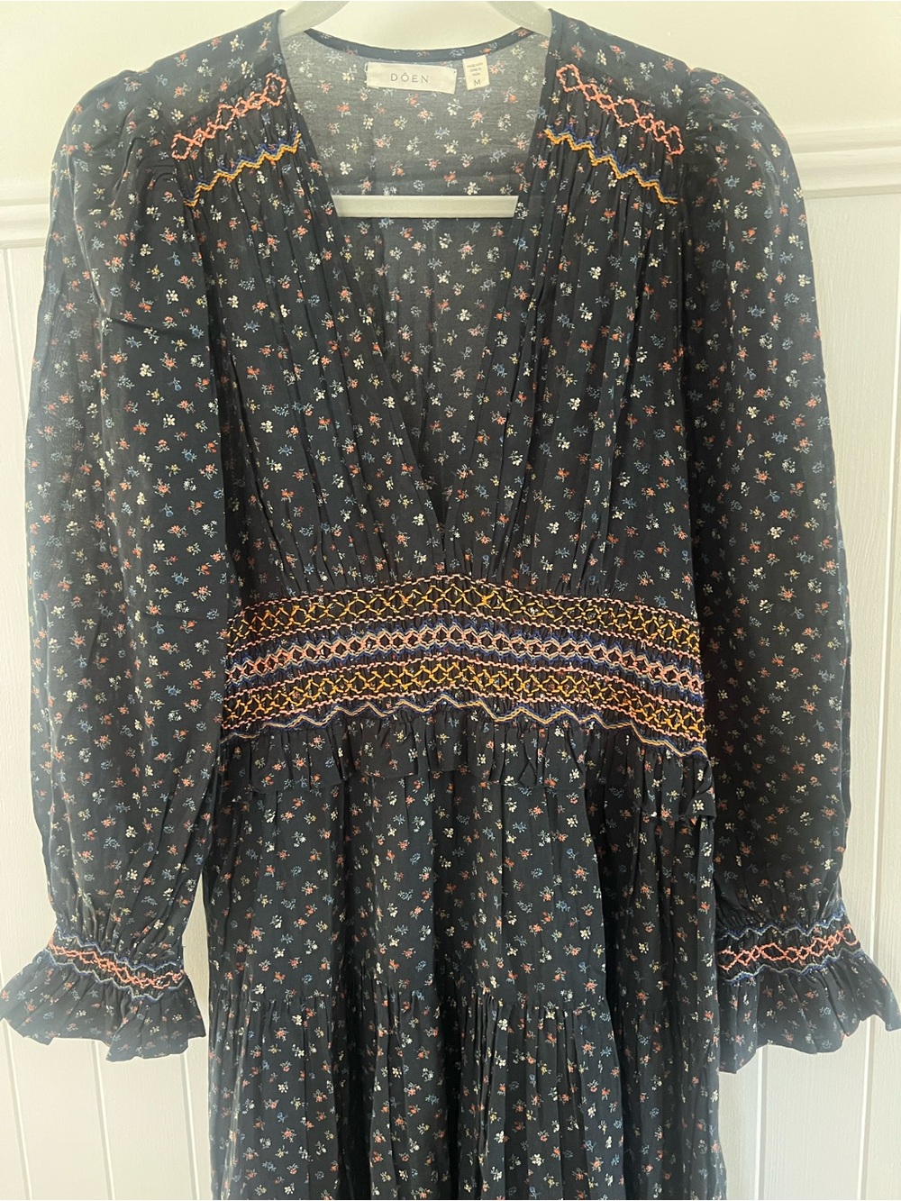 Doen Catania Dress - Navy Floral Smocked Waist Maxi Dress with Embroidered Trim